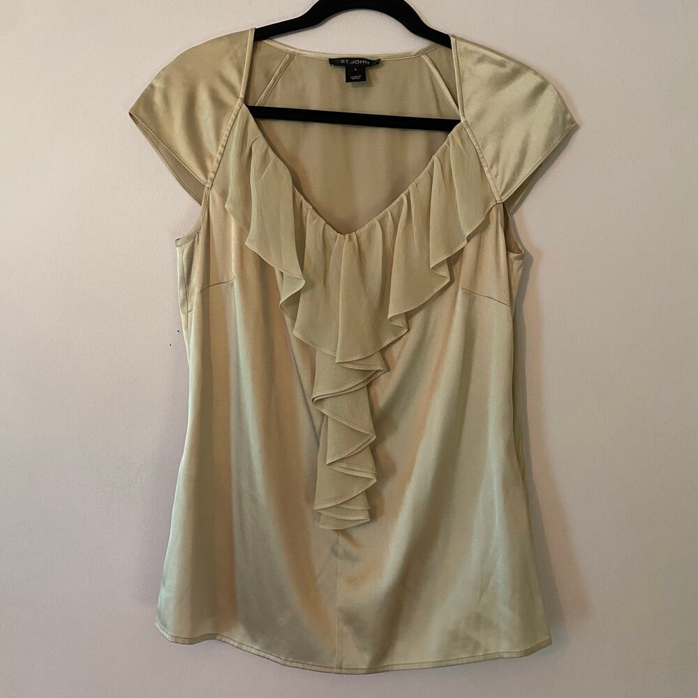 St. John Tan Beige Silk Blend Ruffle V-neck Blouse Minimalist Glam Women size 6